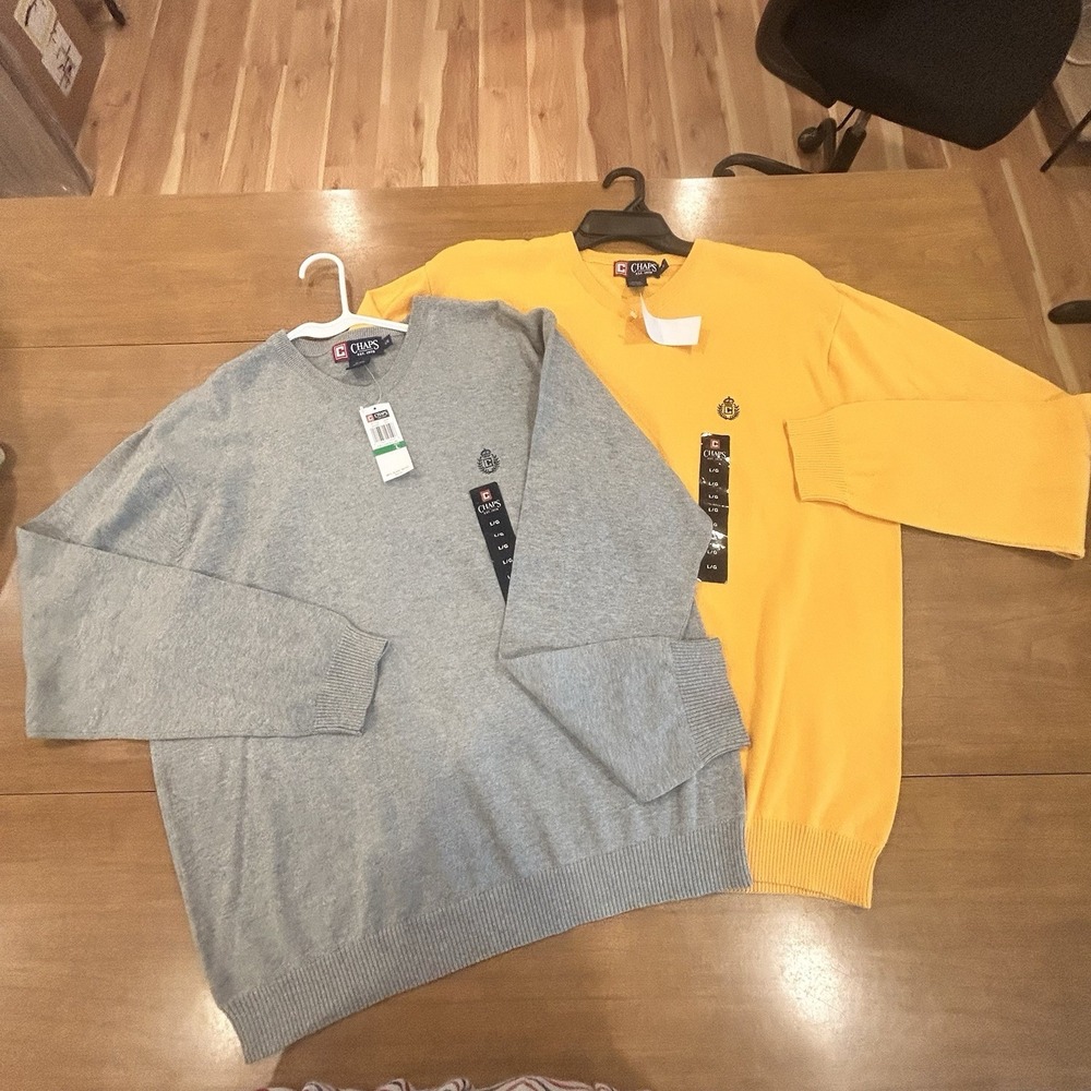 Chaps Set 2 Golf Sweater Mens L Yellow Gray V Neck Pullover 100% Cotton *SPOT*